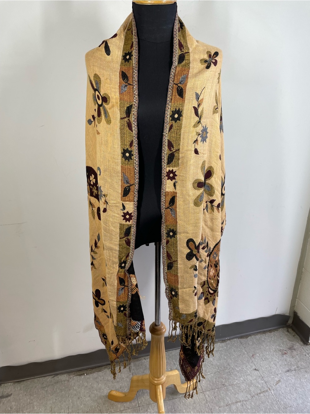 100% Pashmina Beige Floral Paisley Fringe Shawl Wrap Boho Vintage Tapestry